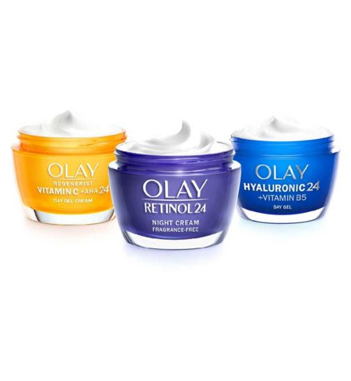 Olay Besties with Hyaluronic Acid + Vitamin B5 & Vitamin C Day Moisturiser and Retinol Night Moisturiser Bundle;Olay Hyaluronic 24 + Vitamin B5 Day Gel Moisturiser with Niacinamide For Visibly Healthy Skin, 50ml;Olay Hyaluronic Acid 24 + Vitamin B5 Day Gel Moisturiser with Niacinamide For Visibly Healthy Skin, 50ml;Olay Regenerist Retinol 24 Night Face Moisturiser With Retinol & Vitamin B3 50ml;Olay Retinol 24 Night Face Cream Without Fragrance 50ml;Olay Vitamin C + AHA24 Day Gel Face Cream 50ml;Olay Vitamin C + AHA24 Day Gel Face Cream For Bright And Even Tone 50ml