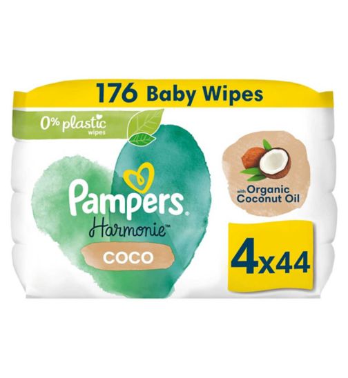 Pampers Harmonie Coco Baby Wipes Plastic Free 4 Packs = 176 Wipes