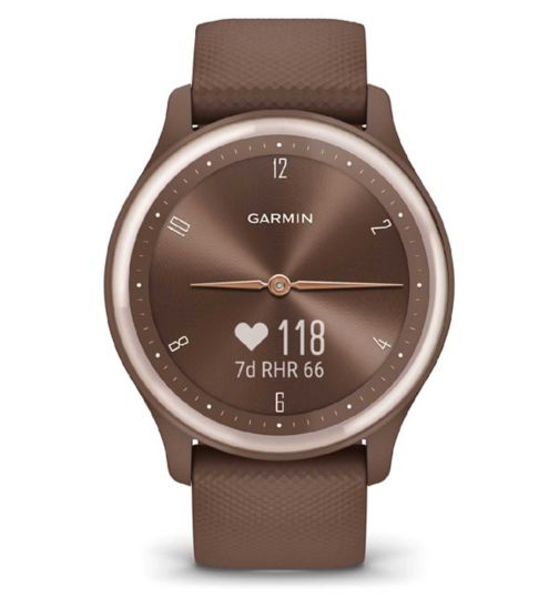 Garmin Vívomove® Sport Smartwatch - Cocoa Case and Silicone Band with Peach Gold Accents​