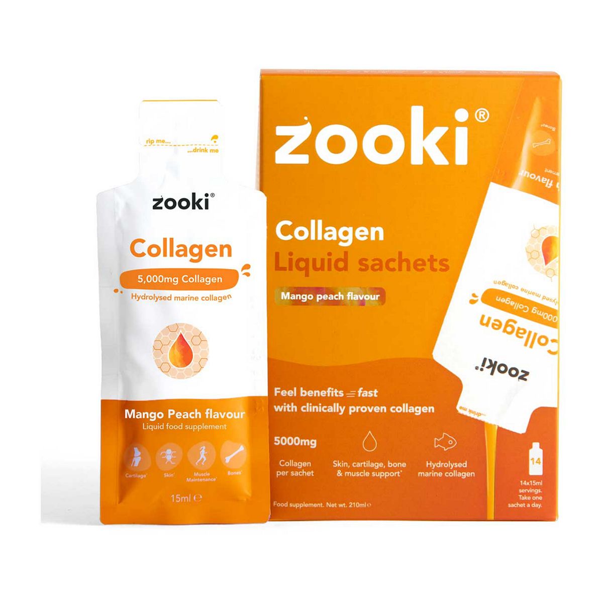 Zooki Marine Collagen 5,000Mg, Mango Peach Flavour - 14X15ml Liquid Sachets, 5000Mg