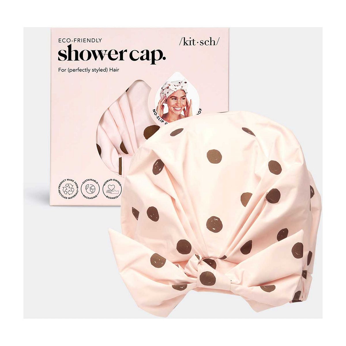 Kitsch Recycled Polyester Luxe Shower Cap Blush Dot