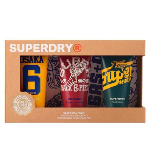 Superdry Retro Essential Pack - Body Wash, 2-in-1 Shampoo & Conditioner, Face Hydrator