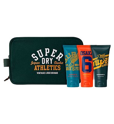 superdry retro athletic pack - body wash, 2-in-1 shampoo & conditioner, face hydrator, wash bag