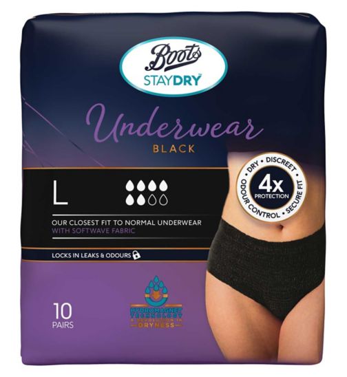 Boots Staydry Underwear Black - Large - 10 pairs