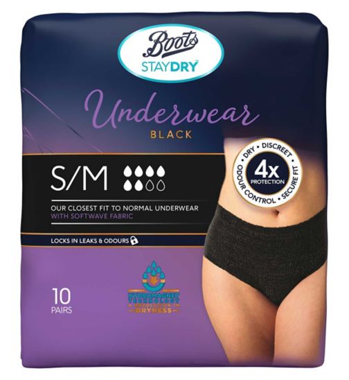 Boots Staydry Underwear Black - Small/Medium - 10 pairs