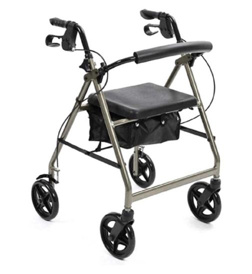 NRS Healthcare A-Series Lightweight Folding 4 Wheel Rollator with Seat and Bag Silver