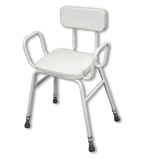 NRS Healthcare Malvern Vinyl Seat Height Adjustable Perching Stool with Arms and Padded Back White