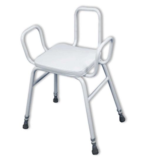 NRS Healthcare Malvern Vinyl Seat Height Adjustable Perching Stool with Arms and Back White