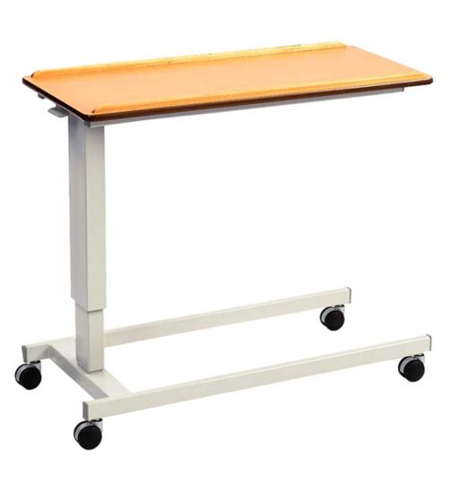 NRS Healthcare Easy Lift Wheeled Overbed Table For Low and Standard Beds or Chairs Beech Effect
