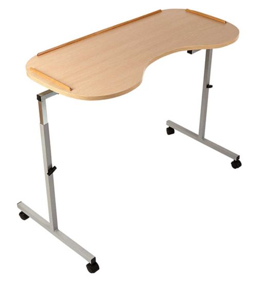 NRS Healthcare Curved Height and Width Adjustable Wheeled Overbed Table Beech Effect