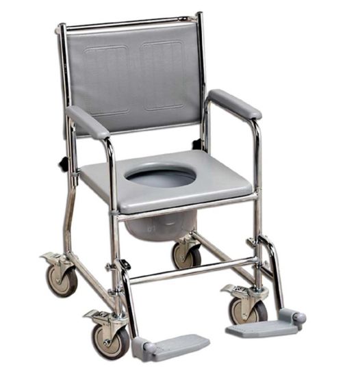 NRS Healthcare Fixed Height Wheeled Commode with Padded Seat and Back Rest Chrome & Grey