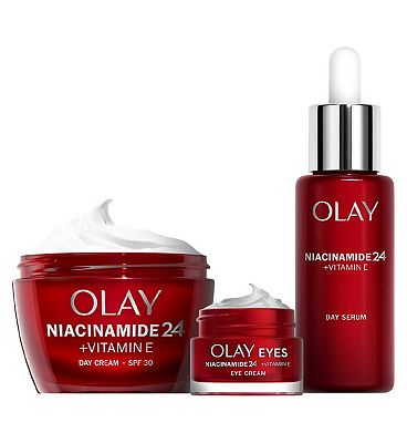 olay age defy & renew with niacinamide + vitamin e spf30 moisturiser, serum, and eye cream bundle