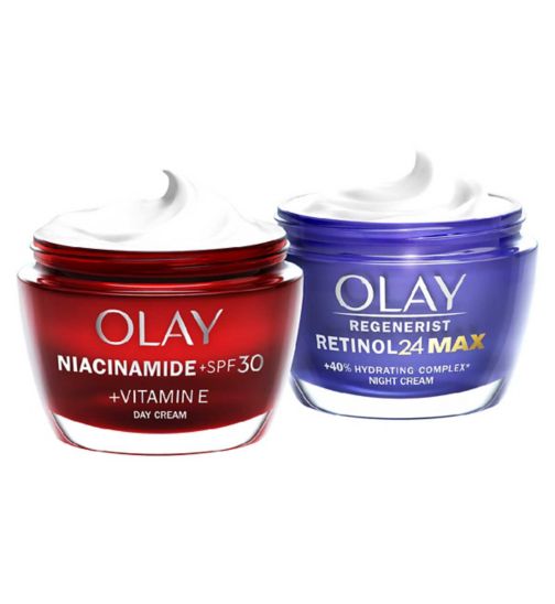 Olay Feel The Firm with Niacinamide + SPF30 Day Moisturiser and Retinol Max Night Moisturiser;Olay Niacinamide + SPF30 Day Moisturiser with 99% Pure Niacinamide & Vitamin E, 50ml;Olay Niacinamide + SPF30 Day Moisturiser with 99% Pure Niacinamide & Vitamin E, 50ml;Olay Regenerist Retinol 24 MAX Night Skin Cream Without Fragrance 50ml;Olay Retinol 24 MAX Night Cream FF 50ml