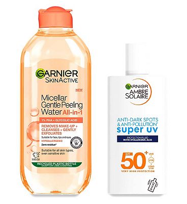 Garnier Micellar Gentle Peeling Water and Super UV Face Fluid SPF50+ Bundle