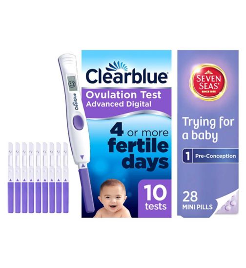Clearblue Advanced Digital Ovulation Test Kit - 10 tests;Clearblue Advanced Digital Ovulation Test Kit 10 Tests;Clearblue Trying for a Baby Bundle - 10 Ovulation tests + 28 Preconception Vitamins;Seven Seas Pregnancy Trying for a Baby Conception Vitamins 28 Tablets;Seven Seas Trying for a Baby Pre-Conception 28s