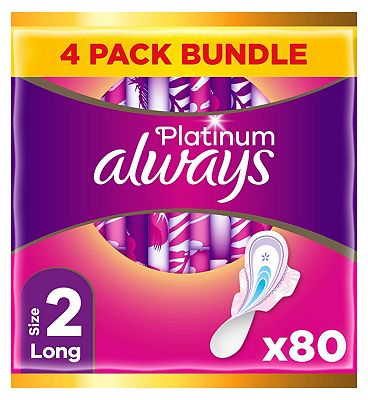 Always Platinum Long (Size 2) Pads Wings 20 Sanitary Towels x4 Bundle