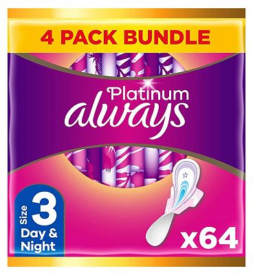 Always Platinum Day & Night (Size 3) Pads Wings 16 Sanitary Towels x4 Bundle