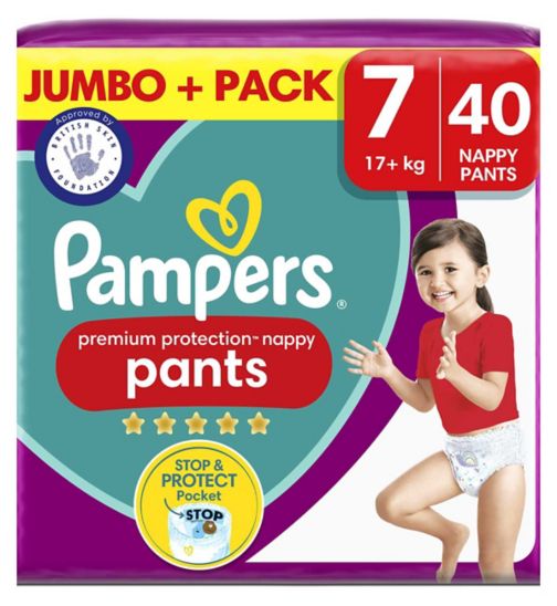 Pampers Premium Protection Nappy Pants Size 7, 40 Nappies, 17kg+, Jumbo+ Pack