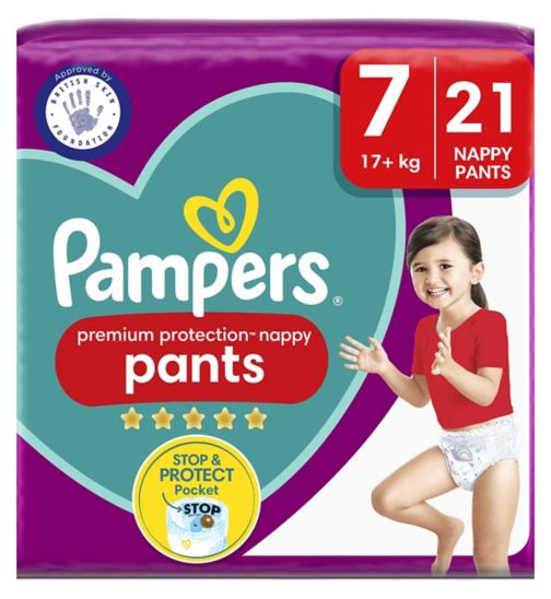 Pampers Premium Protection Nappy Pants Size 7, 21 Nappies, 17kg+, Essential Pack