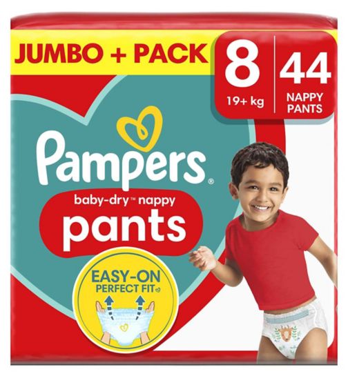 Pampers Baby-Dry Nappy Pants Size 8, 44 Nappies, 19kg+, Jumbo+ Pack