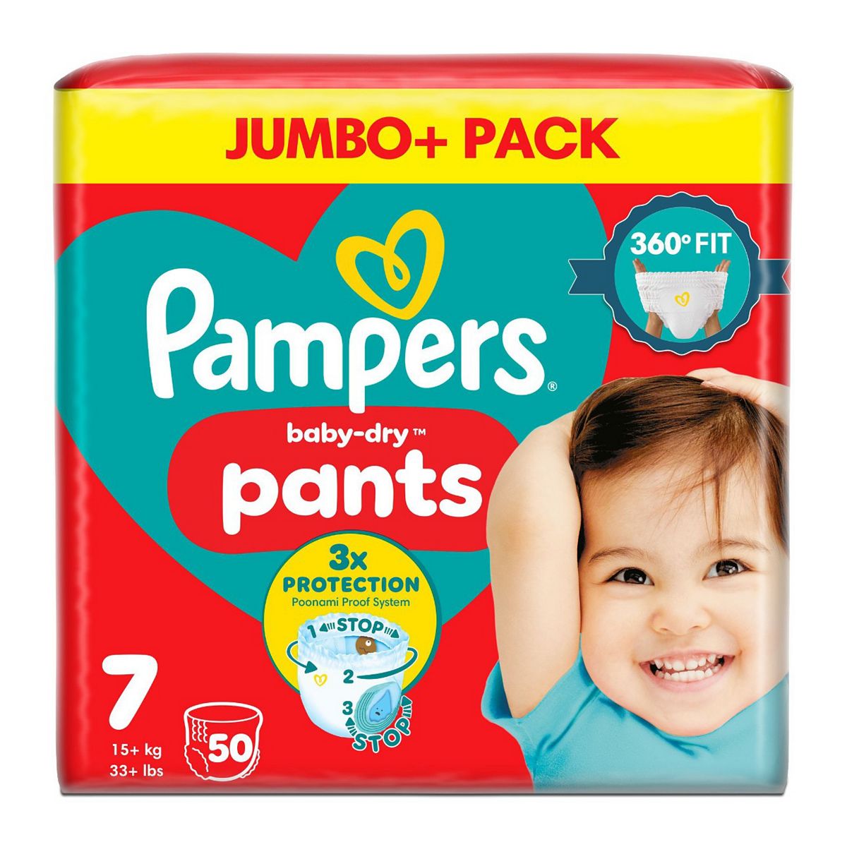 Pampers Baby-Dry Nappy Pants Size 7, 50 Nappies, 17Kg+, Jumbo+ Pack