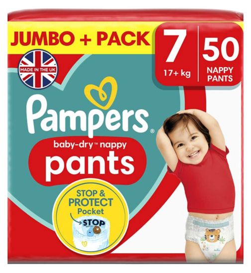 Pampers Baby-Dry Nappy Pants Size 7, 50 Nappies, 17kg+, Jumbo+ Pack