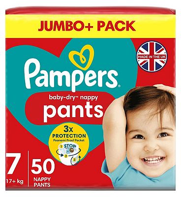 Pampers Baby-Dry Nappy Pants Size 7, 50 Nappies, 17kg+, Jumbo+ Pack