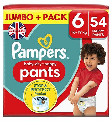 Pampers Baby-Dry Nappy Pants Size 6, 54 Nappies, 14kg - 19kg, Jumbo+ Pack