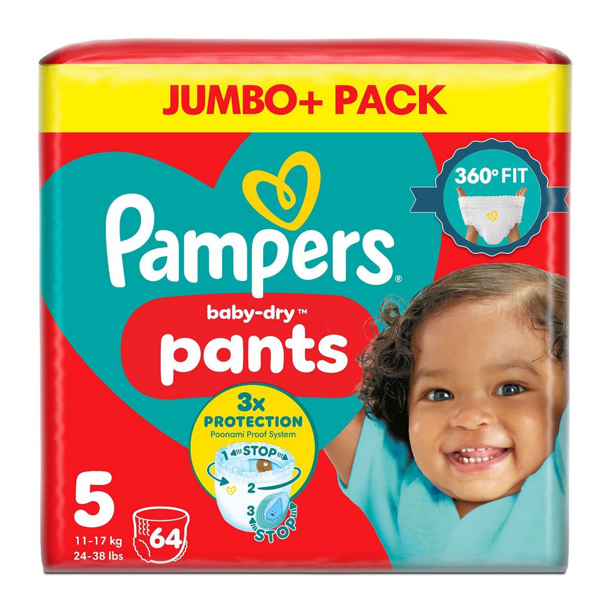 Pampers Baby-Dry Nappy Pants Size 5, 64 Nappies, 12Kg - 17Kg, Jumbo+ Pack
