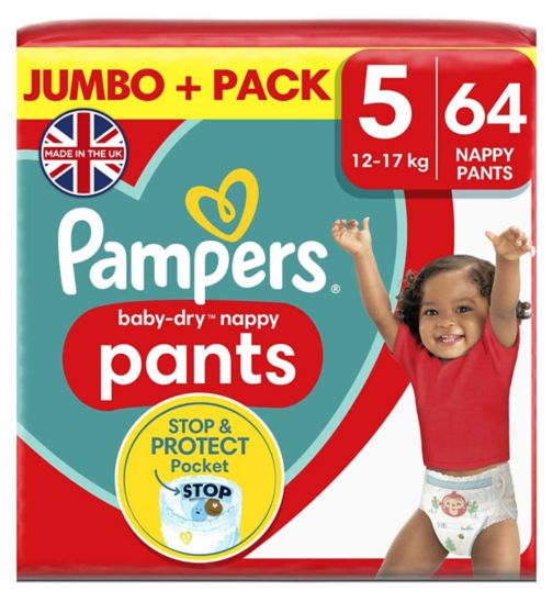 Pampers Baby-Dry Nappy Pants Size 5, 64 Nappies, 12kg - 17kg, Jumbo+ Pack