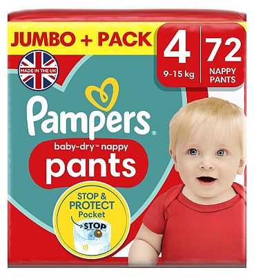 Pampers Baby-Dry Nappy Pants Size 4, 72 Nappies, 9kg - 15kg, Jumbo+ Pack