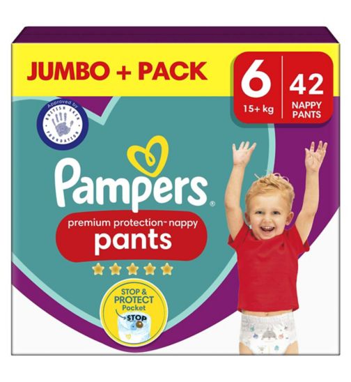 Pampers Premium Protection Nappy Pants Size 6, 42 Nappies, 15kg+, Jumbo+ Pack