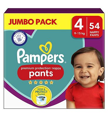 Pampers Premium Protection Nappy Pants Size 4, 54 Nappies, 9kg - 15kg, Jumbo+ Pack