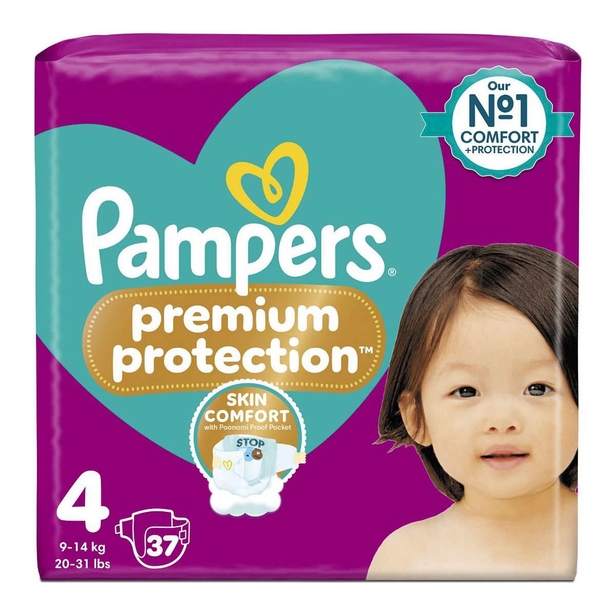 Pampers Premium Protection Size 4, 37 Nappies, 9Kg - 14Kg, Essential Pack