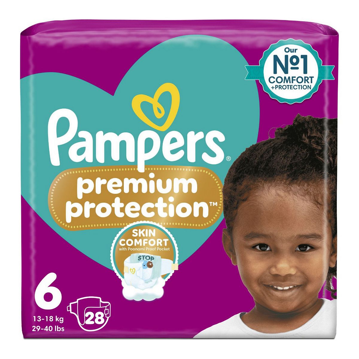 Pampers Premium Protection Size 6, 28 Baby Nappies, 13Kg-18Kg, Essential Pack