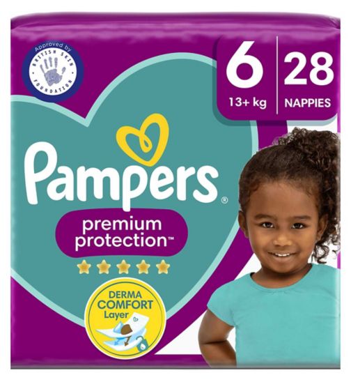 Pampers Premium Protection Size 6, 28 Nappies, 13kg+, Essential Pack