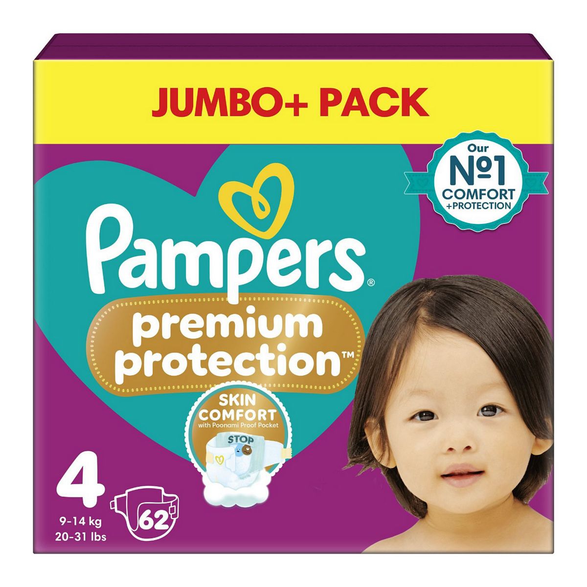 Pampers Premium Protection Size 4, 62 Nappies, 9Kg - 14Kg, Jumbo+ Pack
