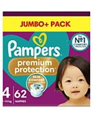 Pampers Premium Protection Size 4, 62 Nappies, 9kg - 14kg, Jumbo+ Pack