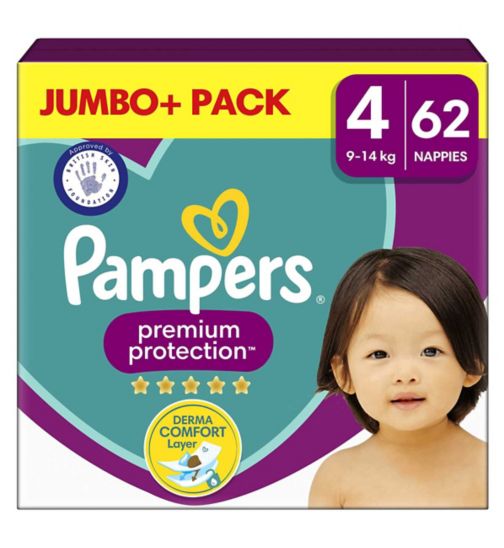 Pampers Premium Protection Size 4, 62 Nappies, 9kg - 14kg, Jumbo+ Pack