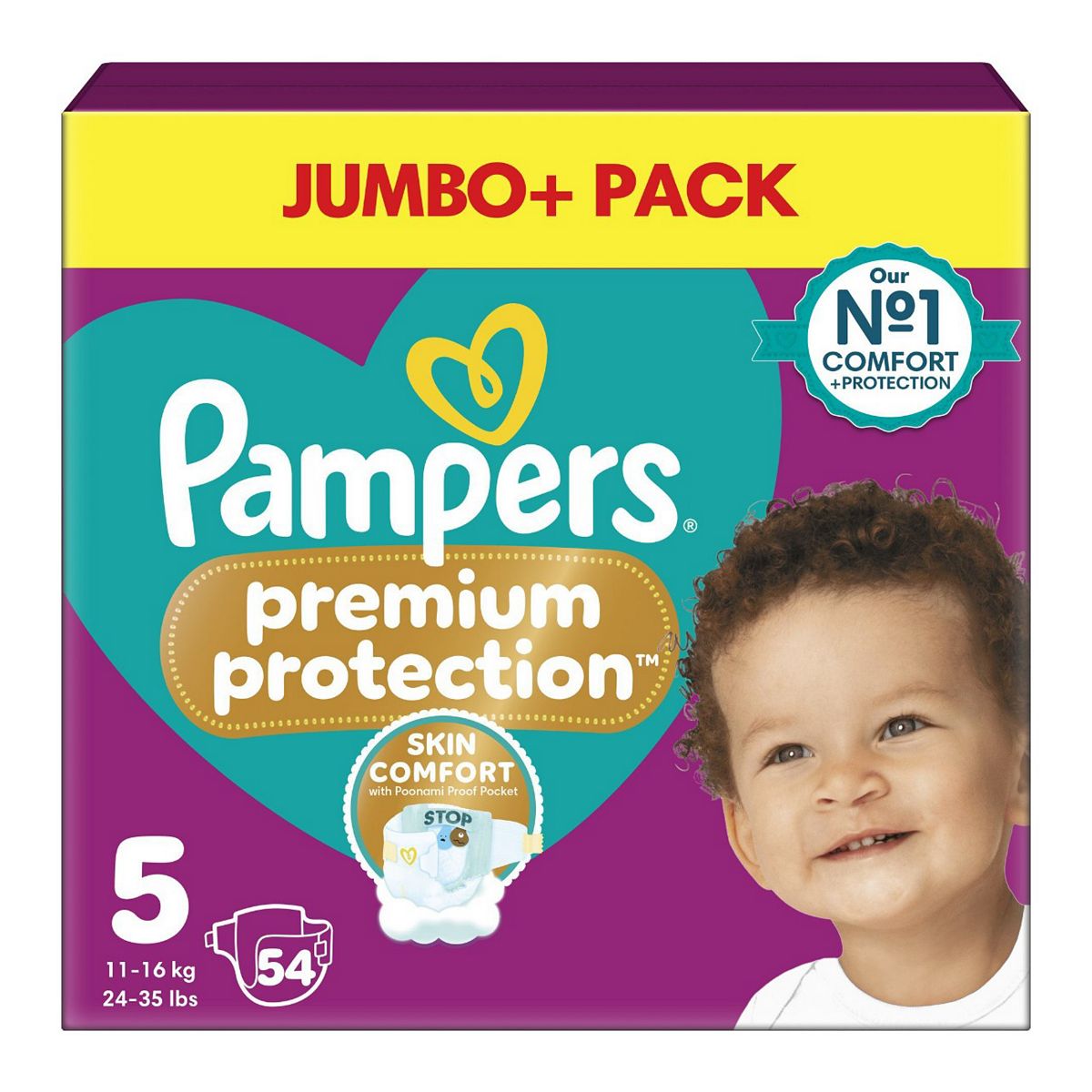 Pampers Premium Protection Size 5, 54 Nappies, 11Kg - 16Kg, Jumbo+ Pack