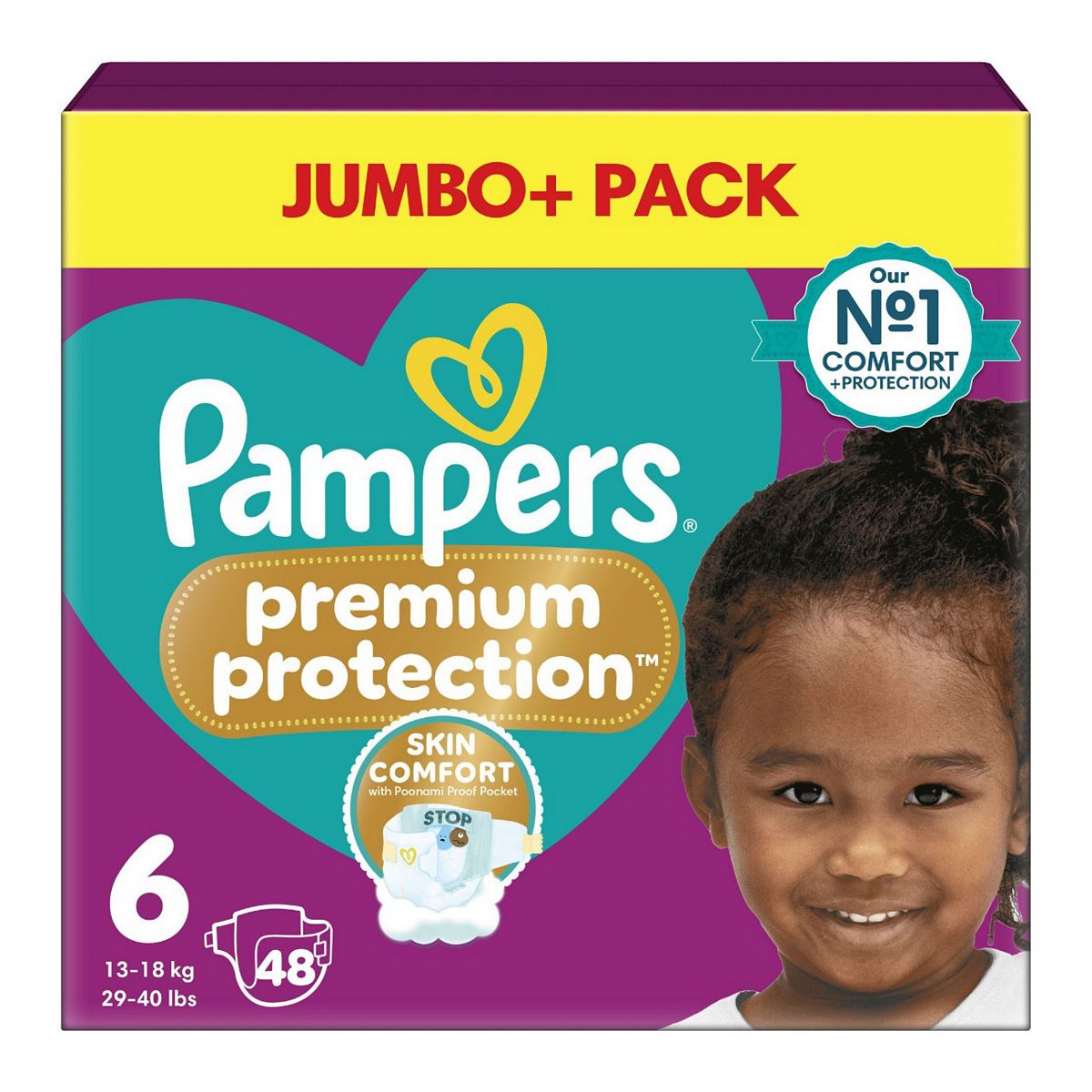 Pampers Premium Protection Size 6, 48 Baby Nappies, 13Kg-18Kg, Jumbo+ Pack