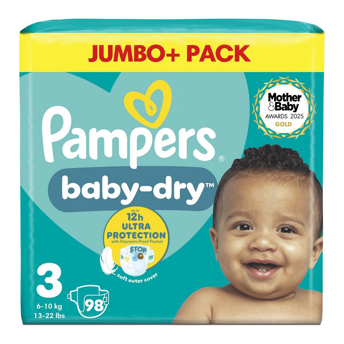 Pampers Baby-Dry Size 3, 98 Nappies, 6Kg - 10Kg, Jumbo+ Pack