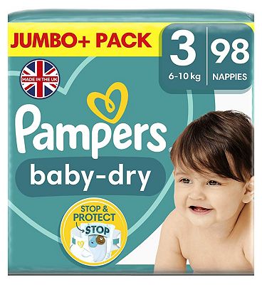 Pampers Baby-Dry Size 3, 98 Nappies, 6kg - 10kg, Jumbo+ Pack