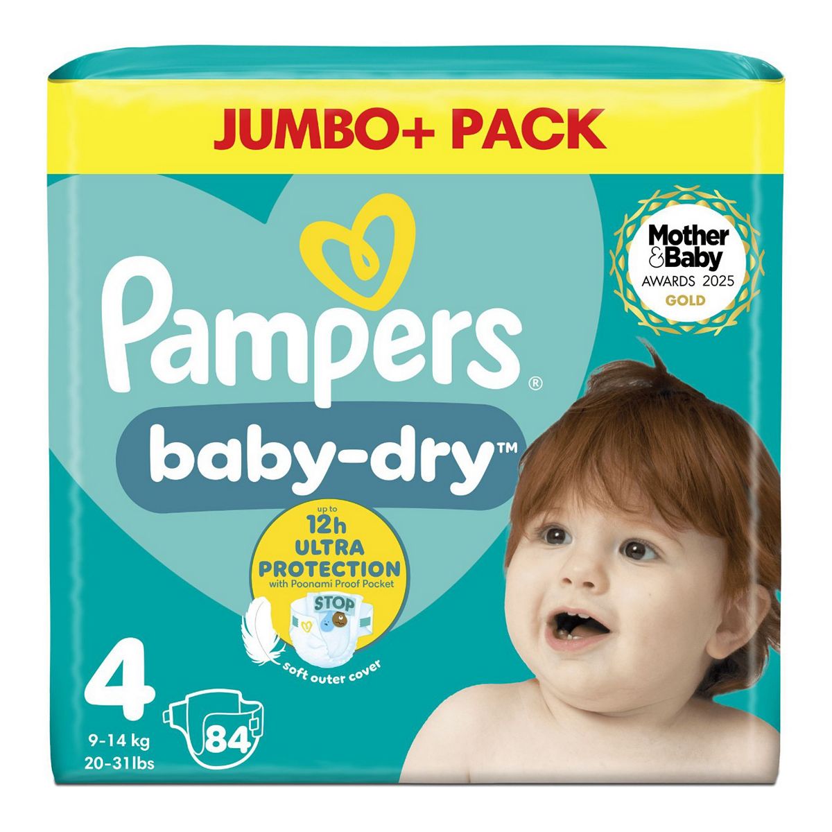 Pampers Baby-Dry Size 4, 84 Nappies, 9Kg - 14Kg, Jumbo+ Pack