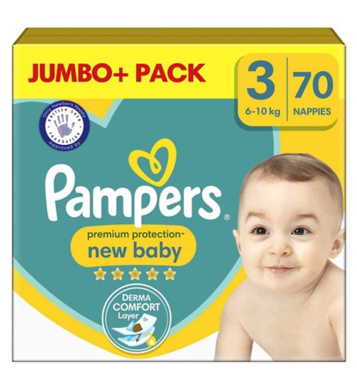 Pampers Premium Protection New Baby Size 3, 70 Nappies, 6kg - 10kg, Jumbo+ Pack
