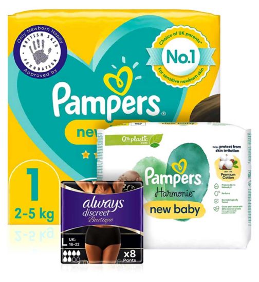 Always Discreet Boutique Underwear Incontinence Pants Plus Large Black x8;Always Discreet bouti pnts pls blk lrg 8;Pampers & Always bundle for New Mum and Baby - Wipes, Nappies and Pants;Pampers Harmonie New Baby Wipes Plastic Free 4 Packs = 184 Wipes;Pampers Harmonie New Baby Wipes Plastic Free 4 Packs = 184 Wipes;Pampers New Baby Size 1 50 Newborn Nappies;Pampers New Baby Size 1, 50 Newborn Nappies, 2kg-5kg, Essential Pack