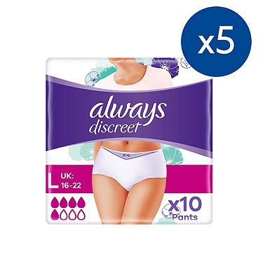 Always Discreet for Sensitive Bladder Pants (5 Drop) Large - 50 Pants (5 pack bundle)