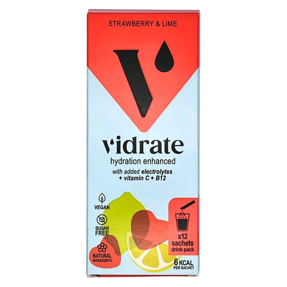 Vidrate Natural Electrolyte Hydration, Strawberry & Lime Flavour 12 X 3G Sugar-Free Sachets
