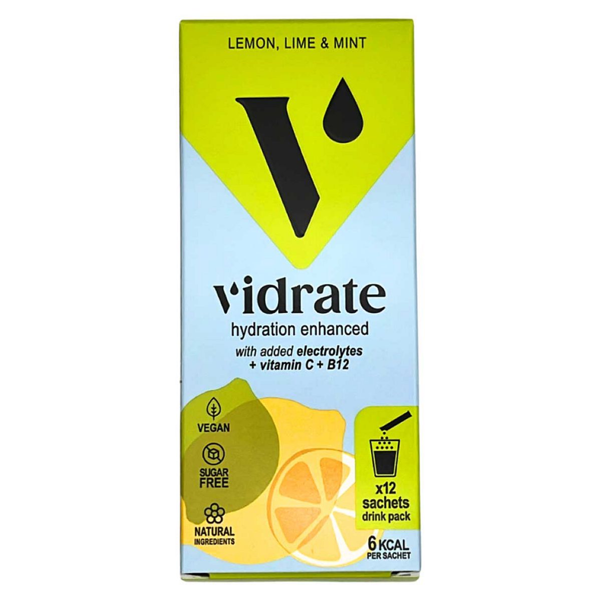 Vidrate Natural Electrolyte Hydration, Lemon, Lime & Mint Flavour 12 X 3G Sugar-Free Sachets
