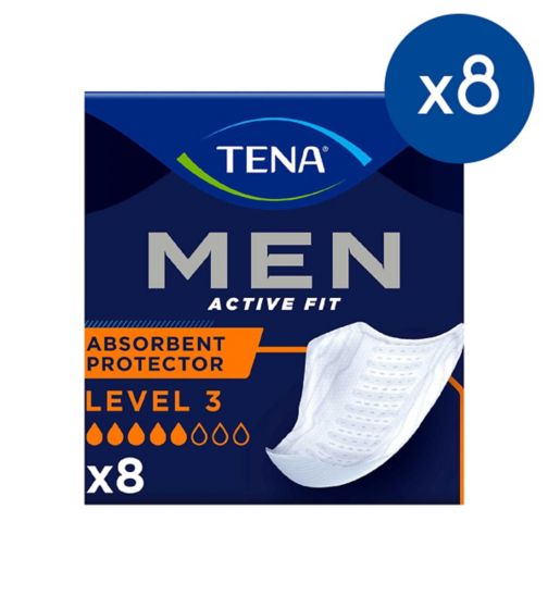 TENA Men Level 3 Incontinence Absorbent - 8 packs of 8 protectors bundle;TENA Men Level 3 Incontinence Absorbent Protector - 8 pack;TENA for Men Discreet Protection Level 3 8s